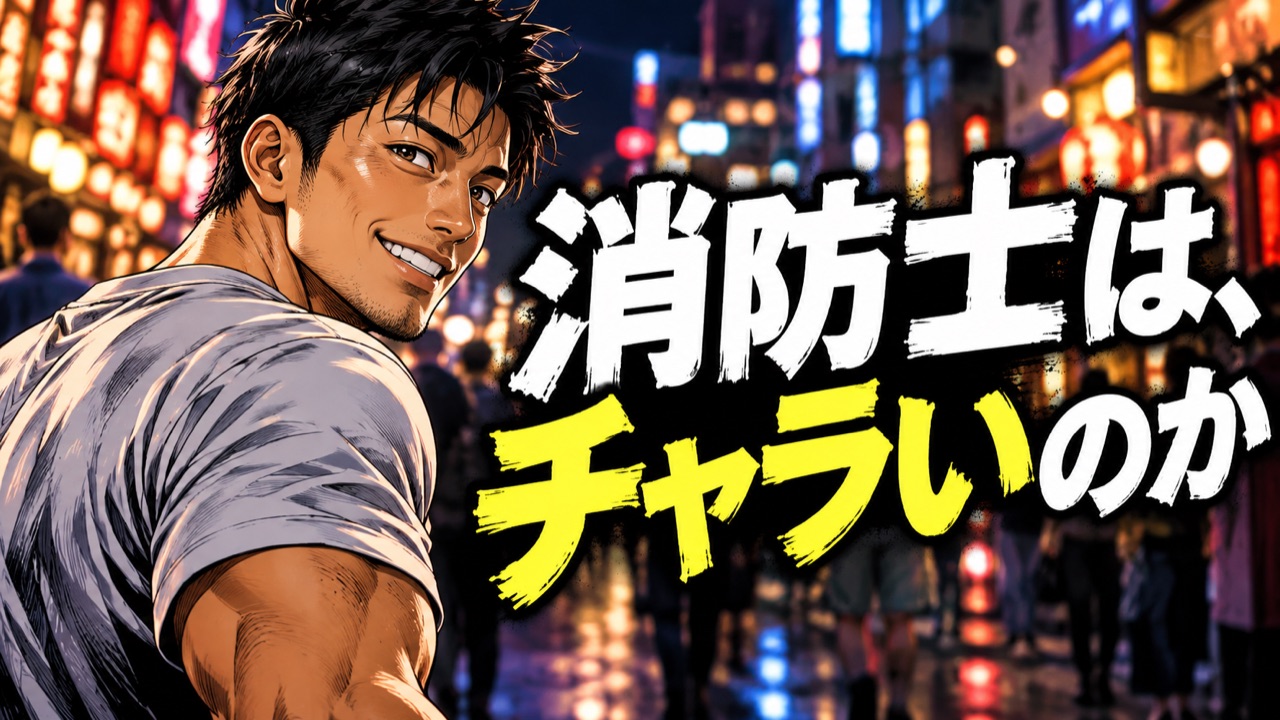 夜の繁華街で振り返る筋肉質な私服の男性のイラスト