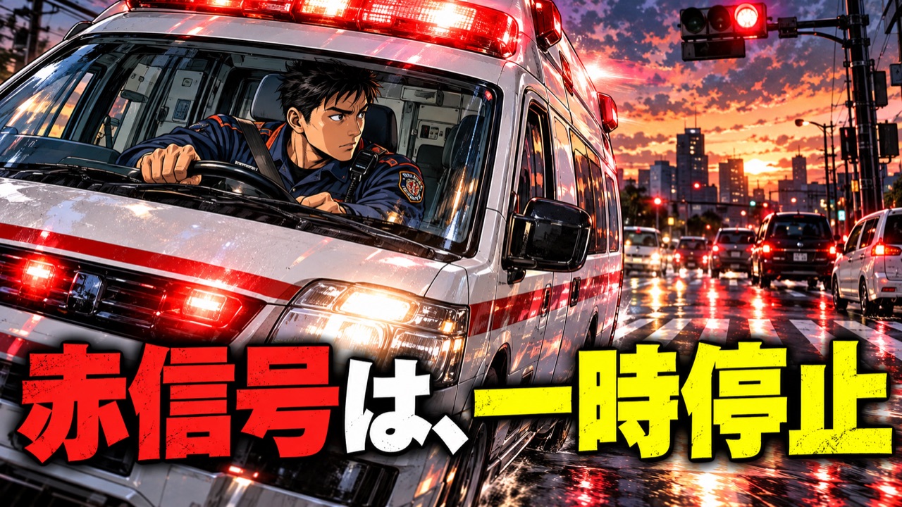 サイレンを鳴らして交差点を進む救急車のイラスト。赤信号は、一時停止の文字