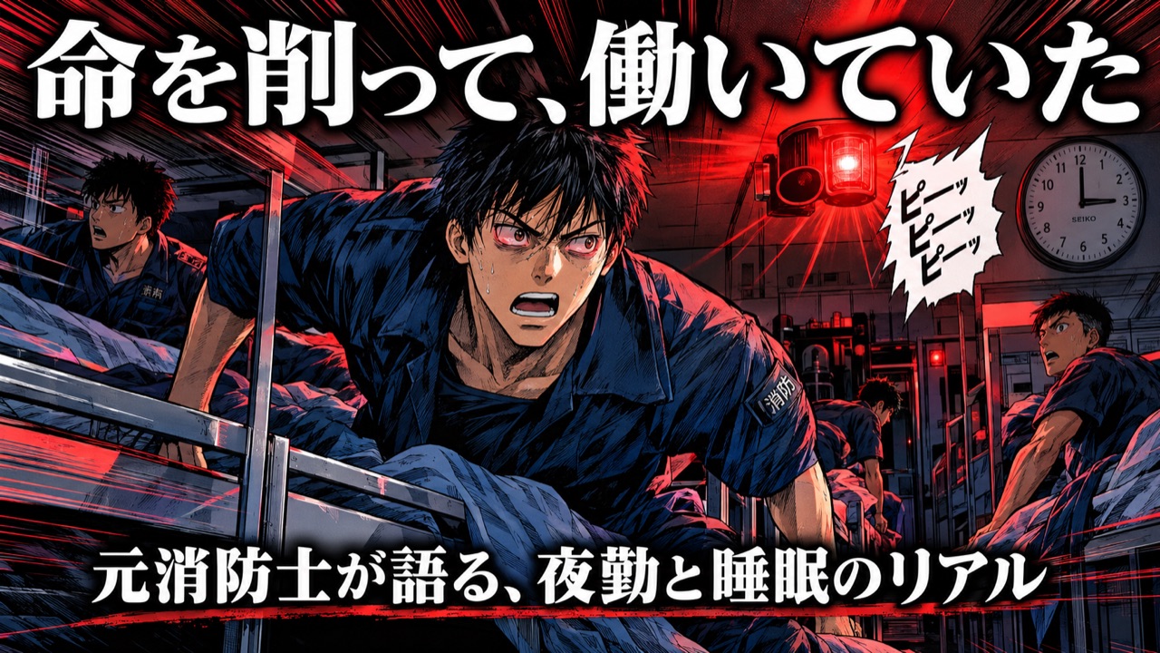 深夜の仮眠室で指令に飛び起きる消防士のイラスト
