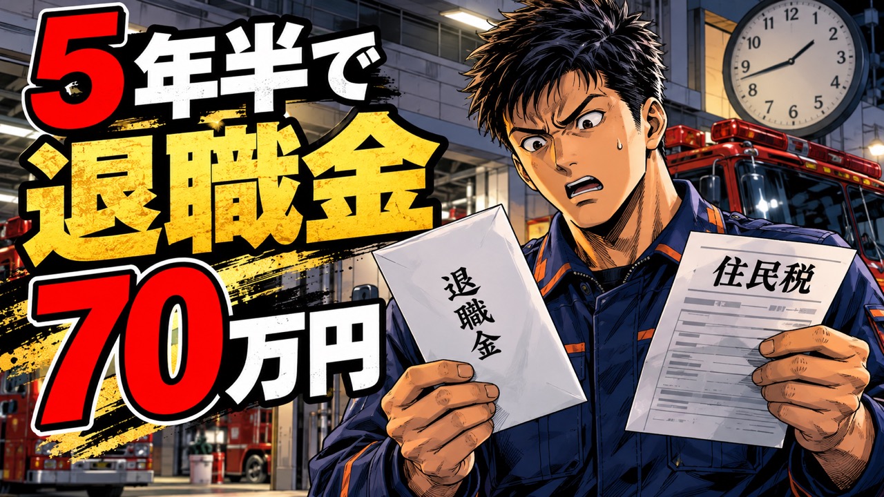 退職金の封筒と住民税の紙を持って驚く消防士のイラスト（5年半で退職金70万円）
